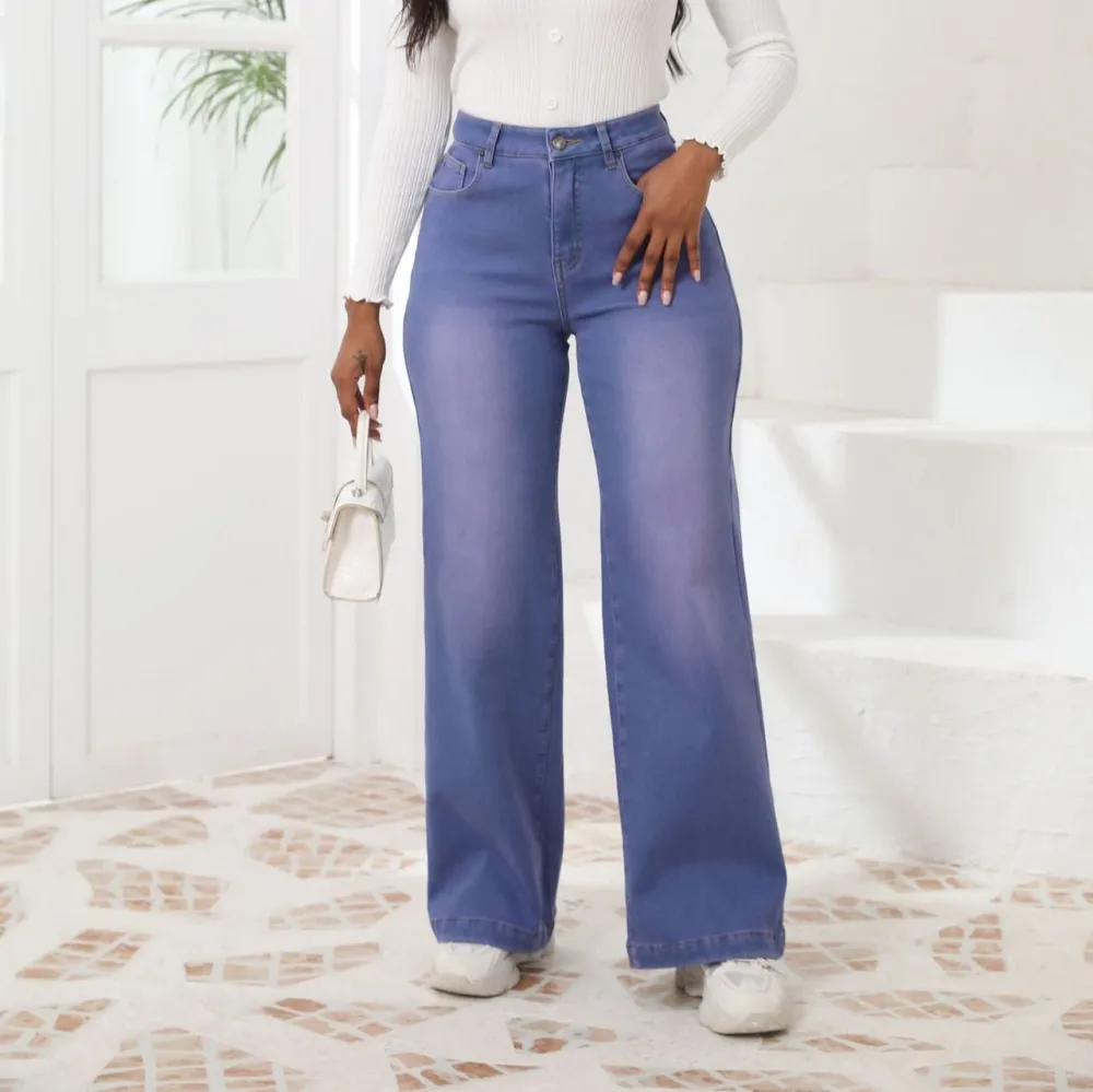 Fleece Lined High Waist Straight Wide Leg Jeans