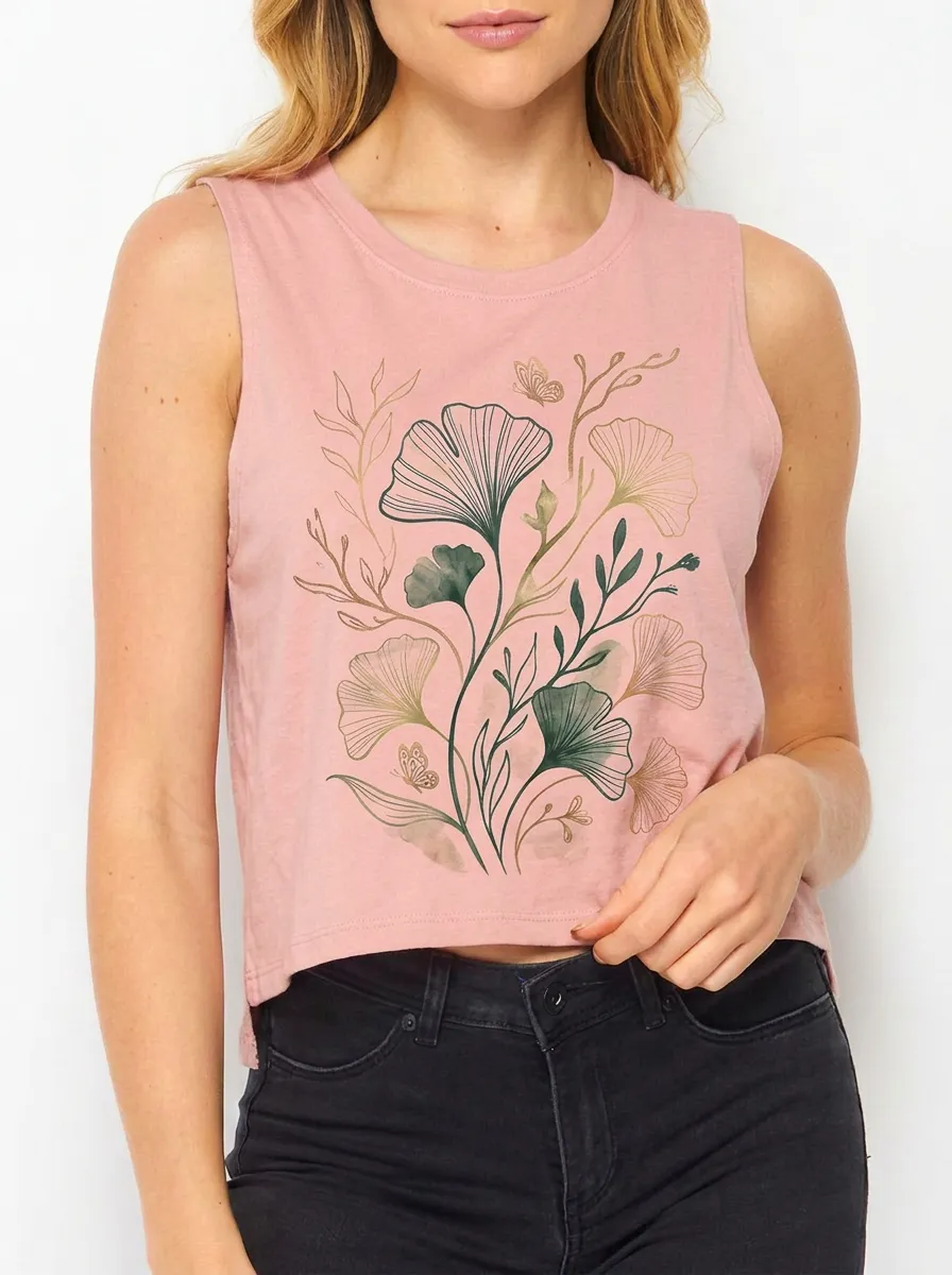 Women's Botanical Nature Lover Ginkgo Leaf Printed Muscle Tank Top