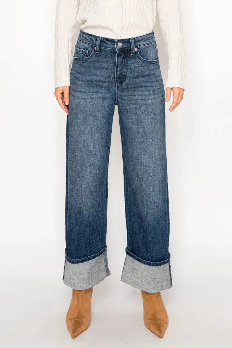 Tummy Control High Rise Vintage Style Wide Leg Cuffed Denim Jeans