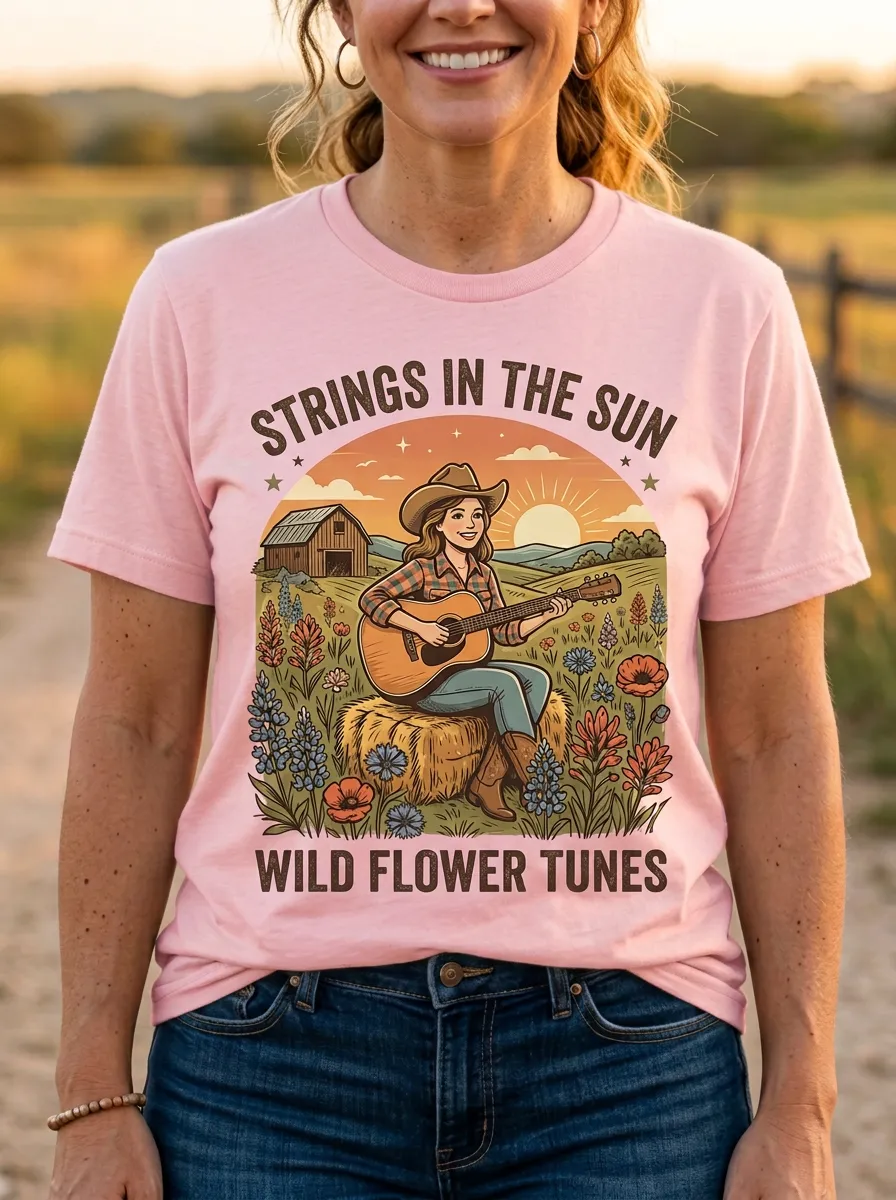 Guitar Cowgirl Wildflower Women's Country Music Casual T-Shirt