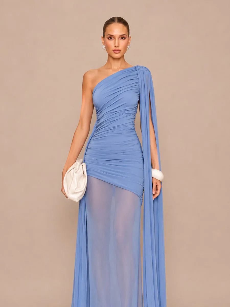 Isla One-Shoulder Cape Maxi Dress with Mesh Paneling