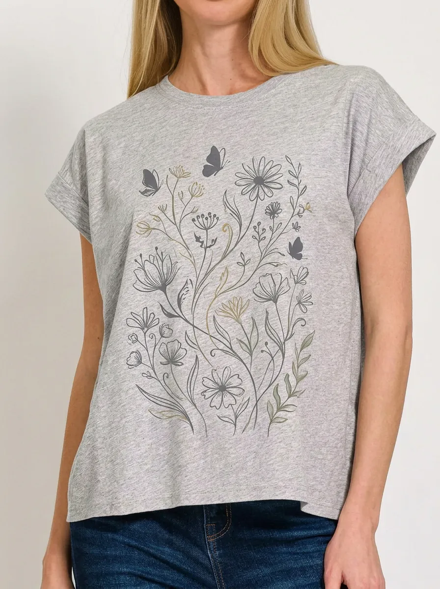 Women's Botanical Butterfly Floral Line Art Printed T-shirt
