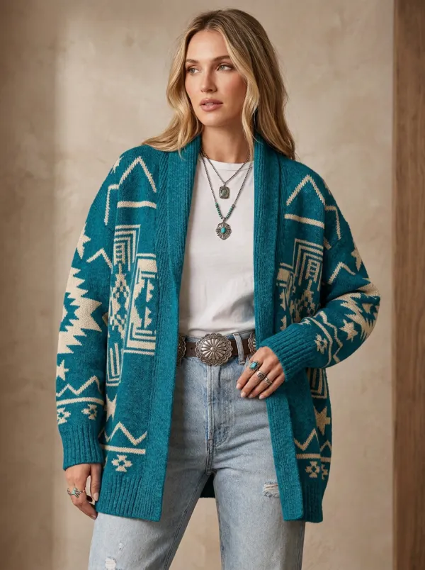 Women's Western Style Geometric Aztec Printed Cardigan Sweater