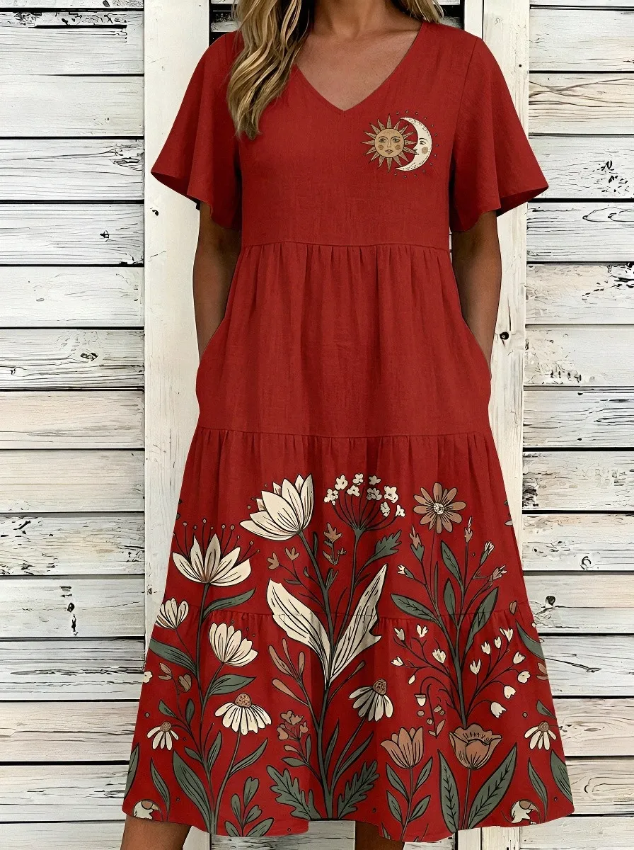 Women's Celestial Sun Moon Floral Printed V-Neck Dress