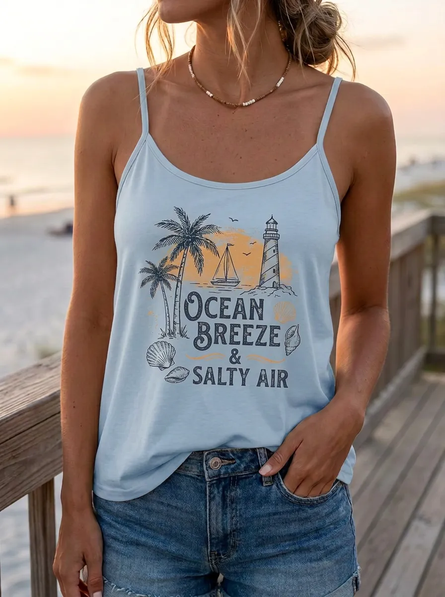 Women's Beach Lover Ocean Breeze Lighthouse Printed Tank Top