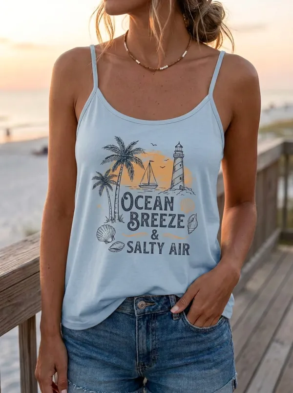 Women's Beach Lover Ocean Breeze Lighthouse Printed Tank Top