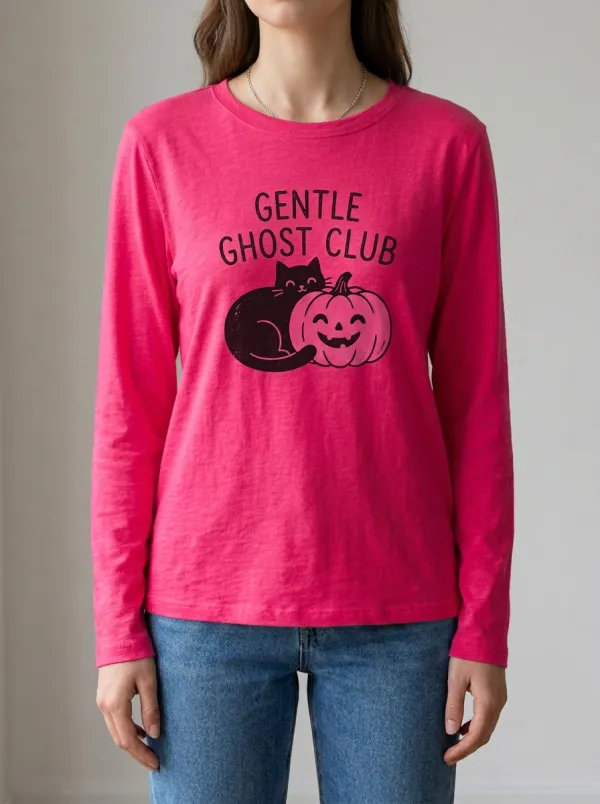 Ghost -Cat Cat Halloween Cotton Linen Long Sleeve Top