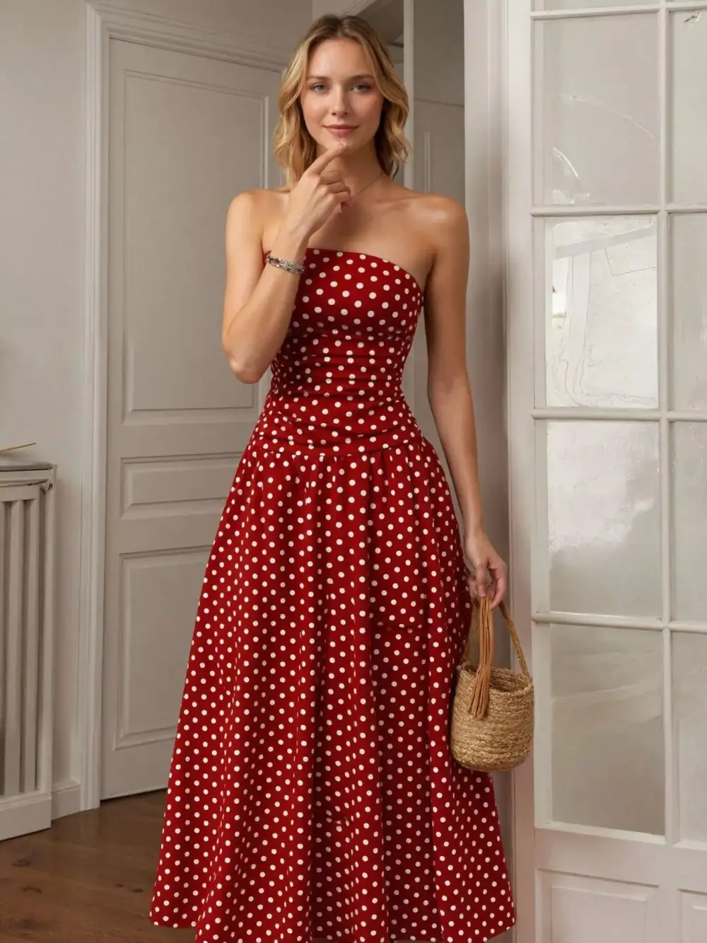 Strapless Polka-Dot Maxi Dress