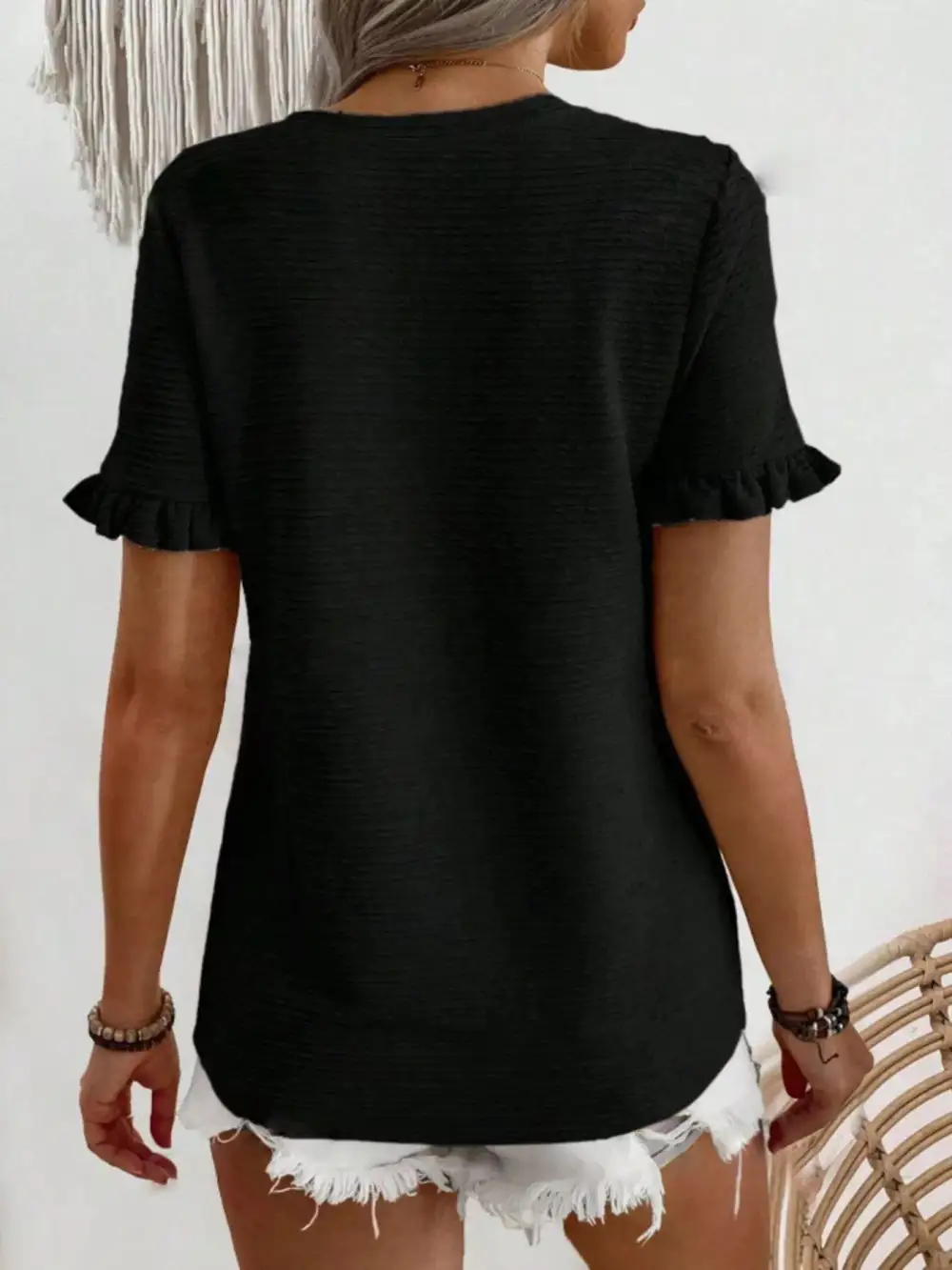 Textured Ruffle Sleeve Round Neck Blouse