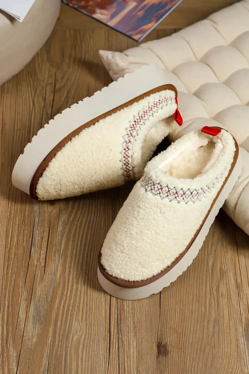 Embroidered Sherpa Thick Sole Slippers
