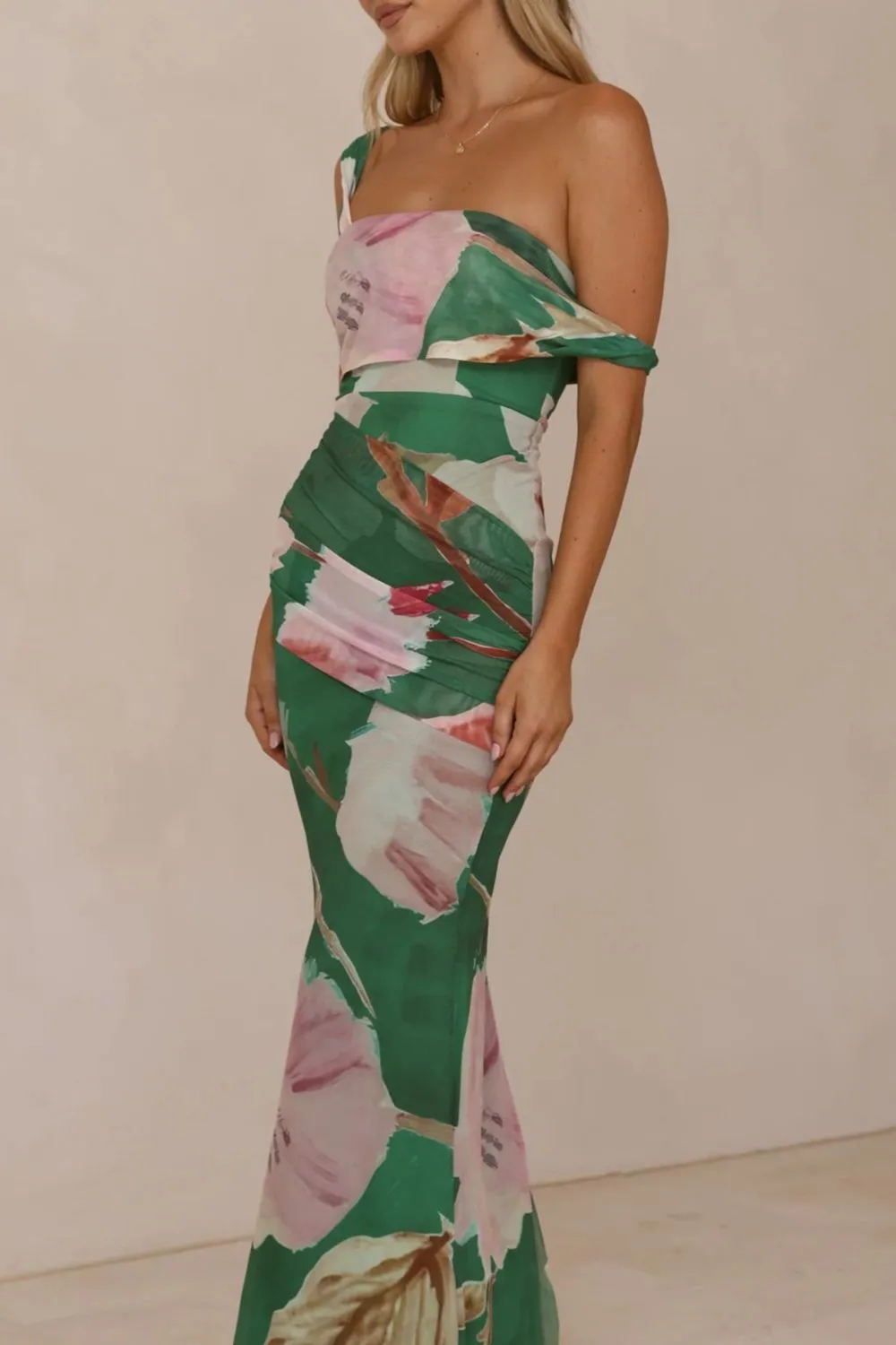 Classic Ruched One-Shoulder Floral Maxi Dress