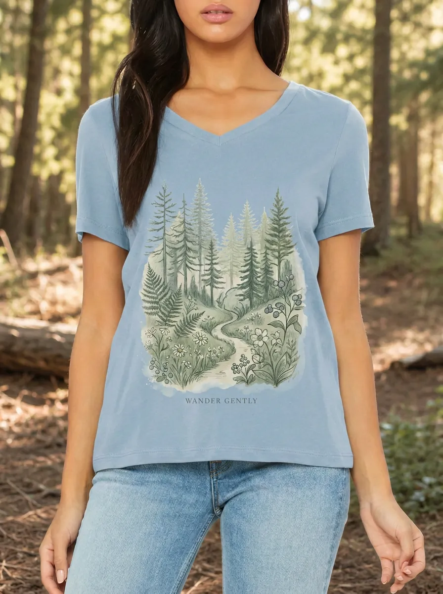 Women's Nature Lover Forest Path Floral Printed V-neck T-shirt