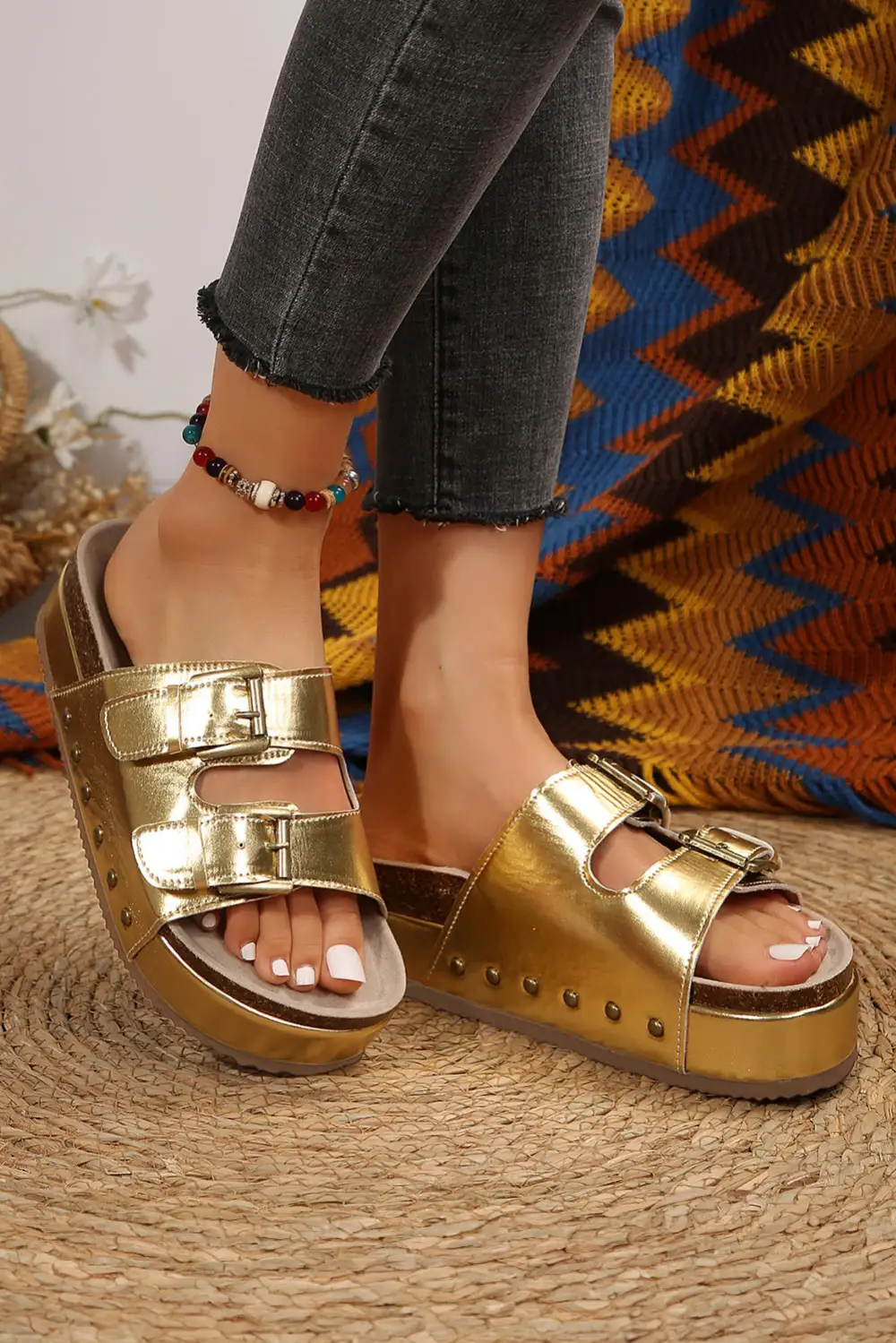 Dual Buckle Studded Platform Slippers