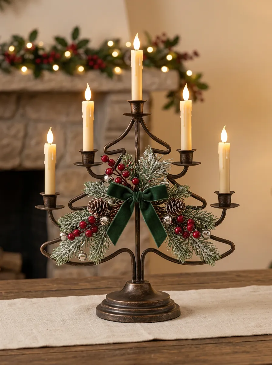 Metal Pinecone Berry Bow Candelabra