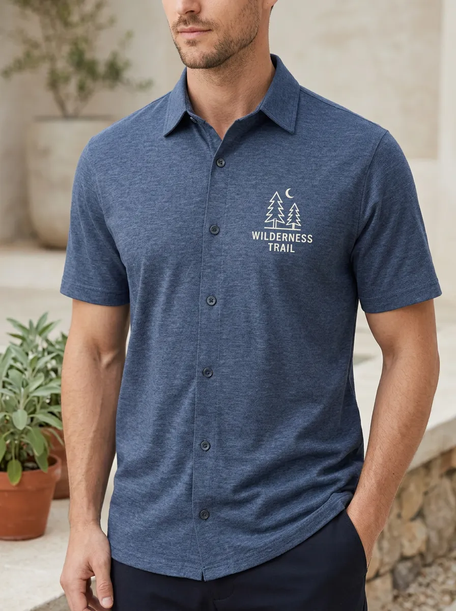 Men's Wilderness Trail Pine Tree Moon Printed Polo Shirt