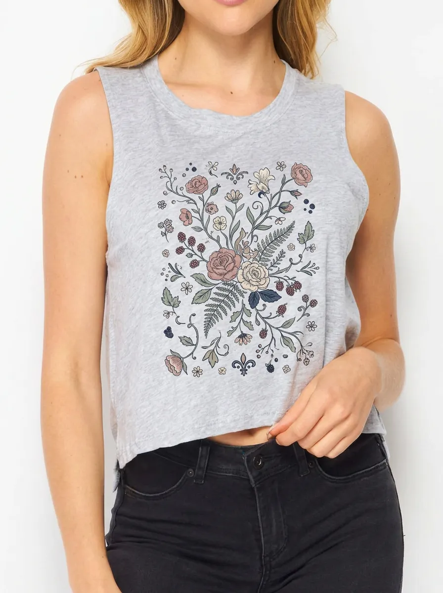 Women's Botanical Floral Berry Printed Crop Tank Top