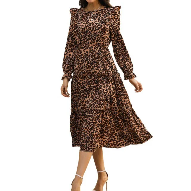 Women's Long-Sleeve Leopard-Print Ruffled Evening Dress