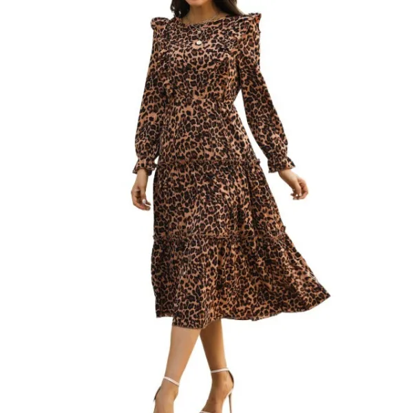 Women's Long-Sleeve Leopard-Print Ruffled Evening Dress