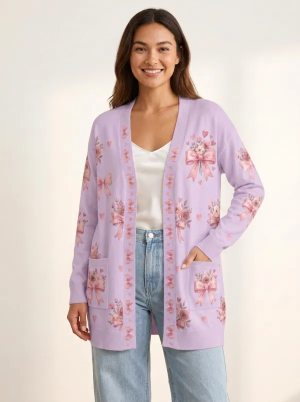 Women's Breast Cancer Awareness Pink Bow Floral Printed Cardigan