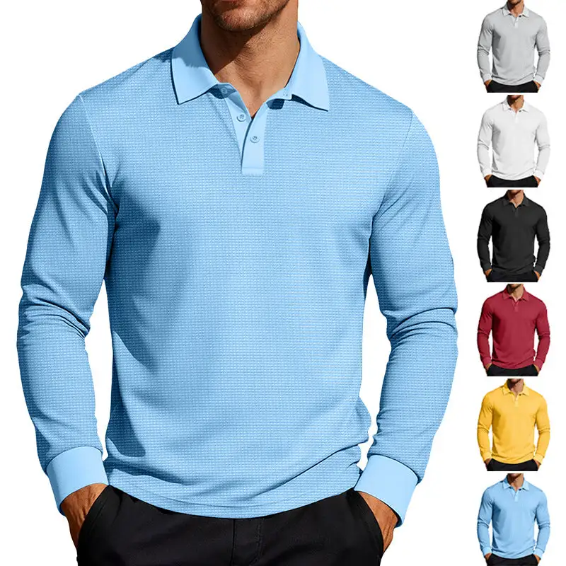 Waffle Texture Button Placket Long Sleeve Slim Fit Polo Shirt