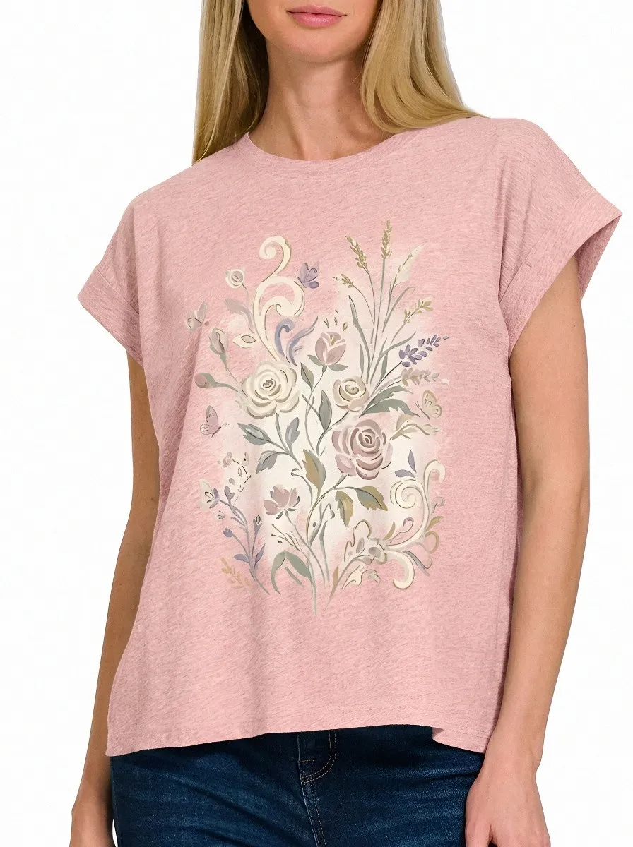Women's Floral Nature Lover Watercolor Rose Butterfly Printed T-shirt