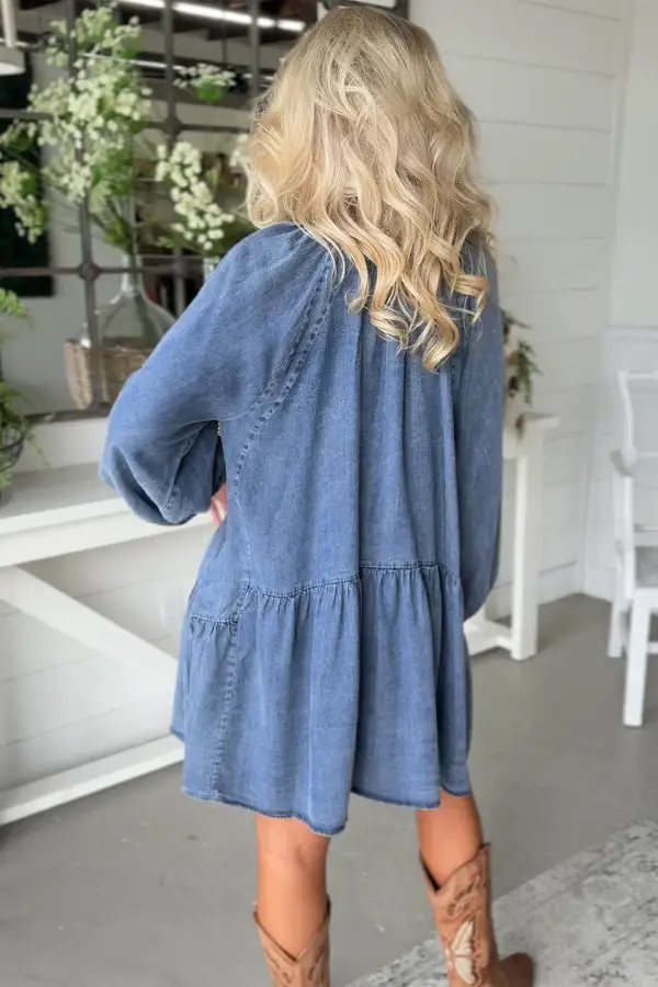 Denim Look Ruffle Trim V-Neck Mini Dress