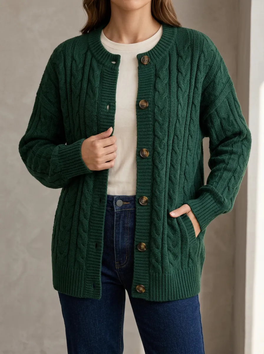 Women's Everyday Layered Cable Knit Button Front Crew Neck Cardigan
