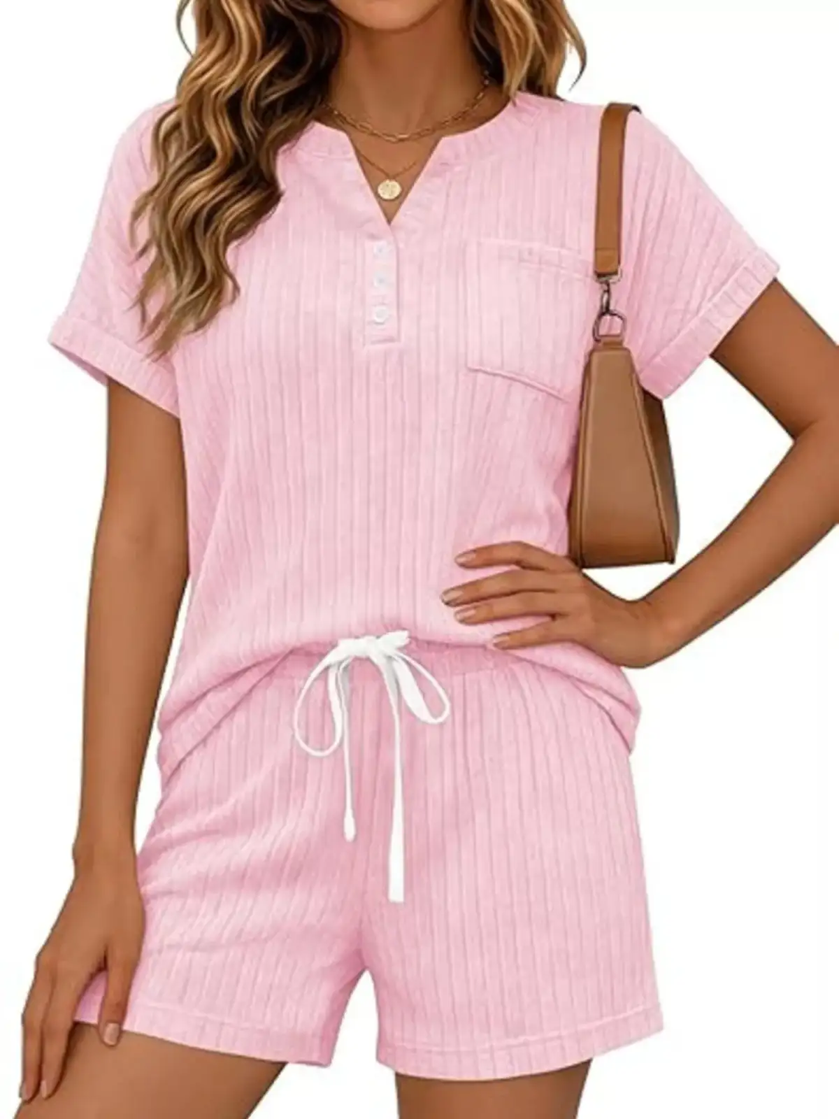 Drawstring Pocketed Ribbed Tee and Shorts Matching Set