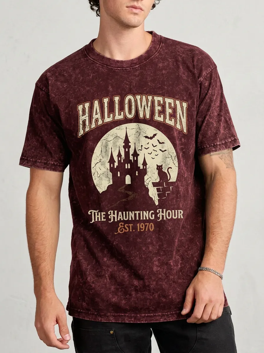 Men's Halloween Haunting Hour Castle Cat Printed T-shirt