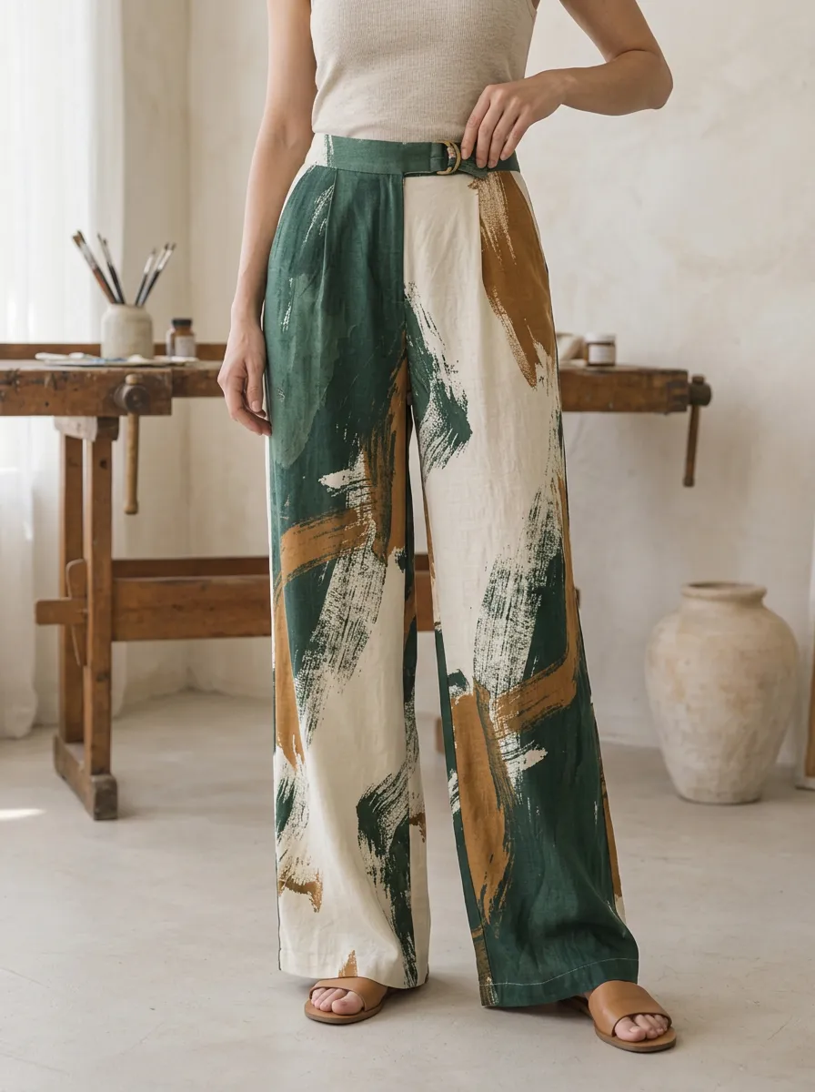 Women's Abstract Art Lover Green Brown Brushstroke Printed Wide Leg Pants