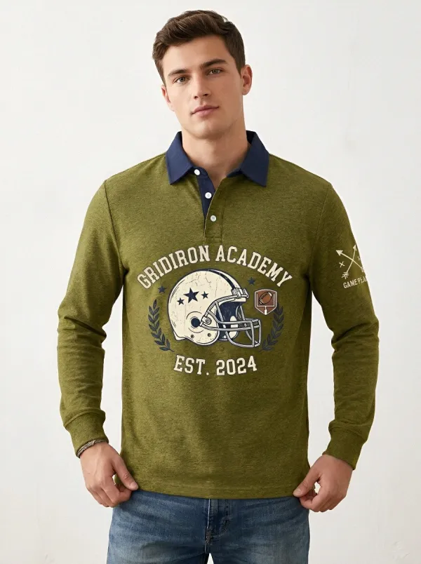 Men's Football Fan Gridiron Academy Helmet Graphic Long Sleeve Polo Shirt