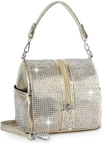 Refined Detail Crystal Accent Pocketed Faux Leather Shoulder Bag