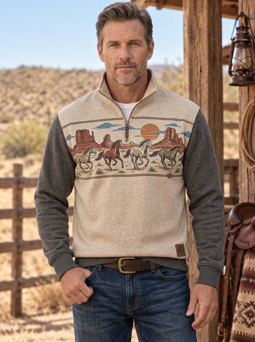 Men's Classic Western Cowboy Horse Desert Quarter-Zip Sweatshirt