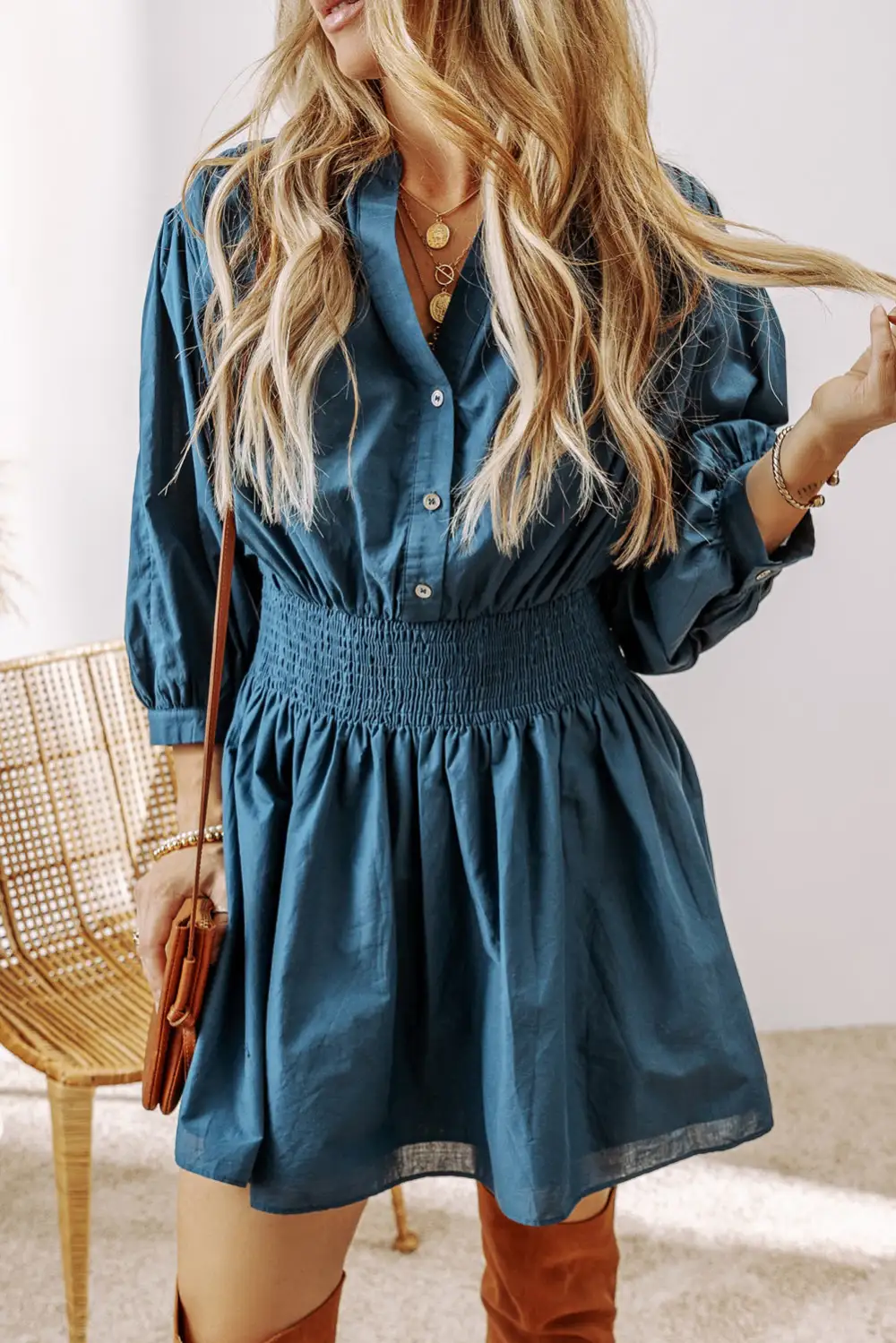 Shirred Button Front Mini Dress