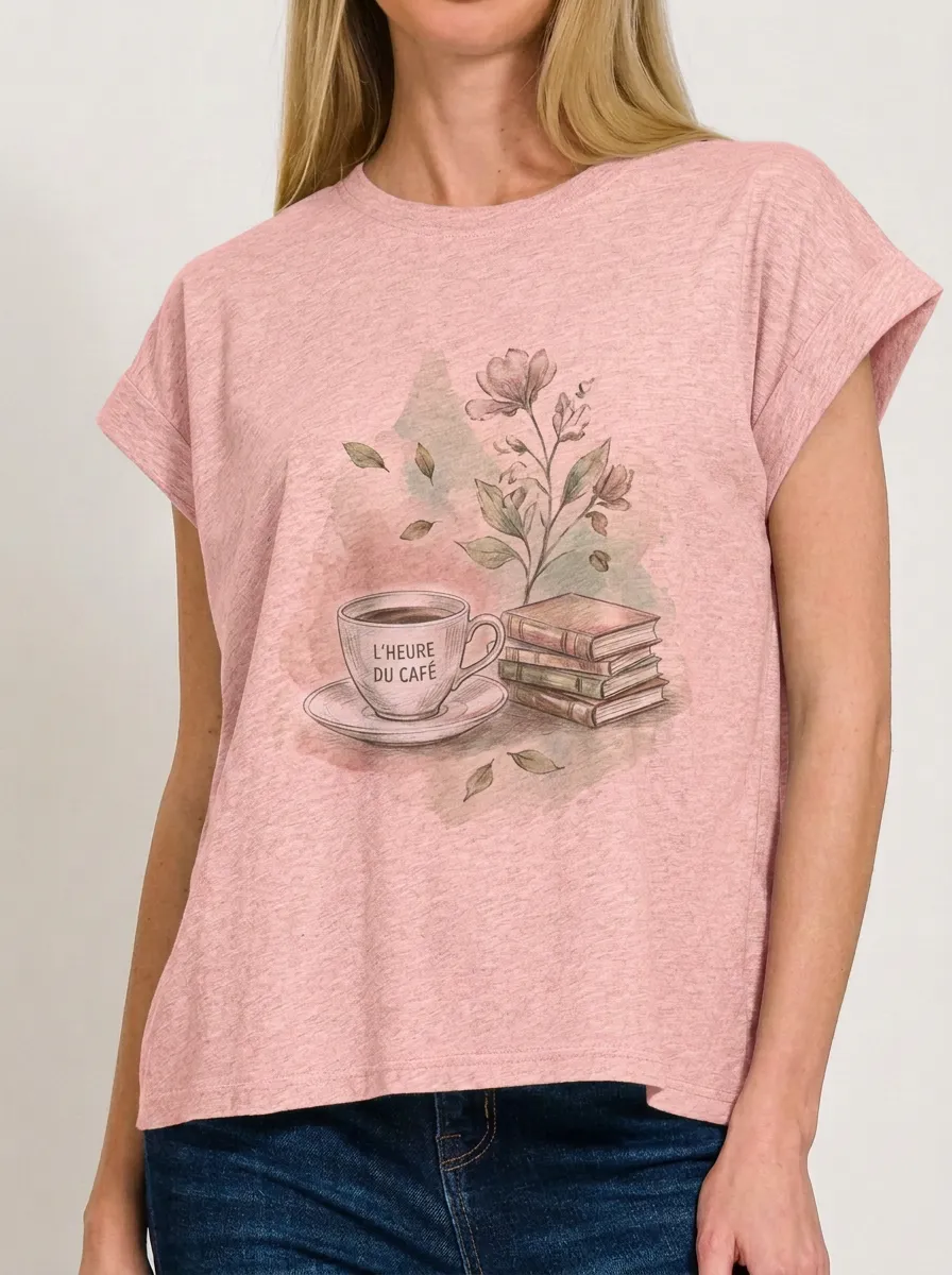 Women's Coffee Book Lover Floral L'Heure Du Café Printed T-shirt