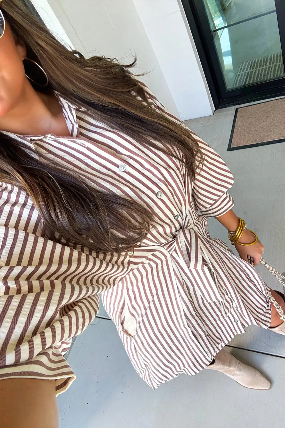 Stripe Knot Waist Puff Sleeve Button Down Mini Shirt Dress