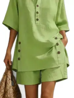 Pocketed Linen Shirt and Shorts Matching Set