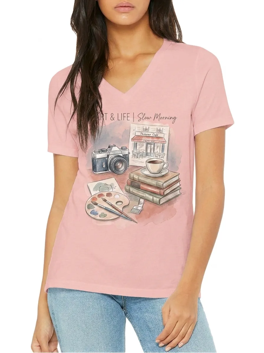 Women's Art Life Coffee Camera Books Watercolor Printed V-neck T-shirt