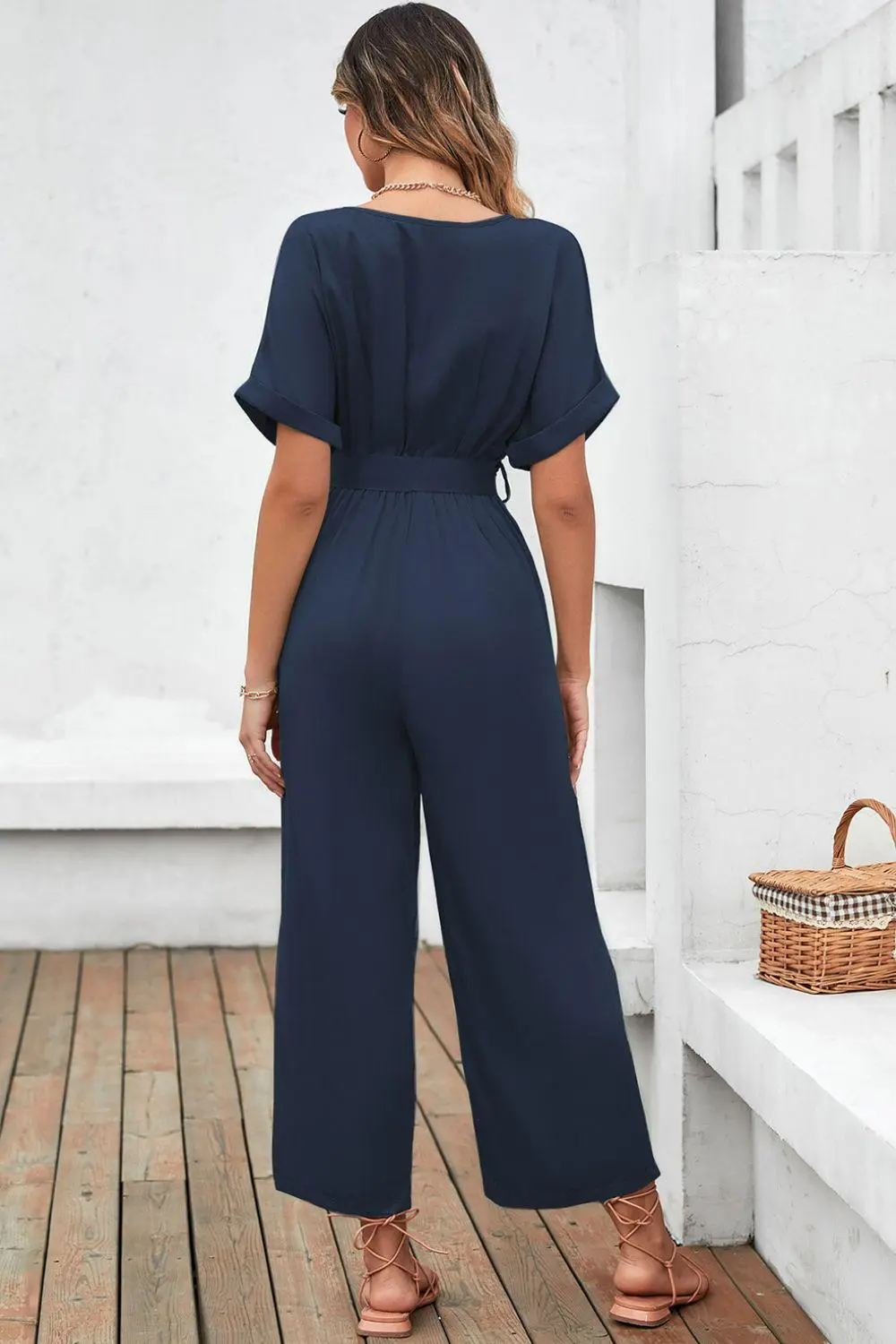 Tie Waist Surplice Wide Leg Jumpsuit