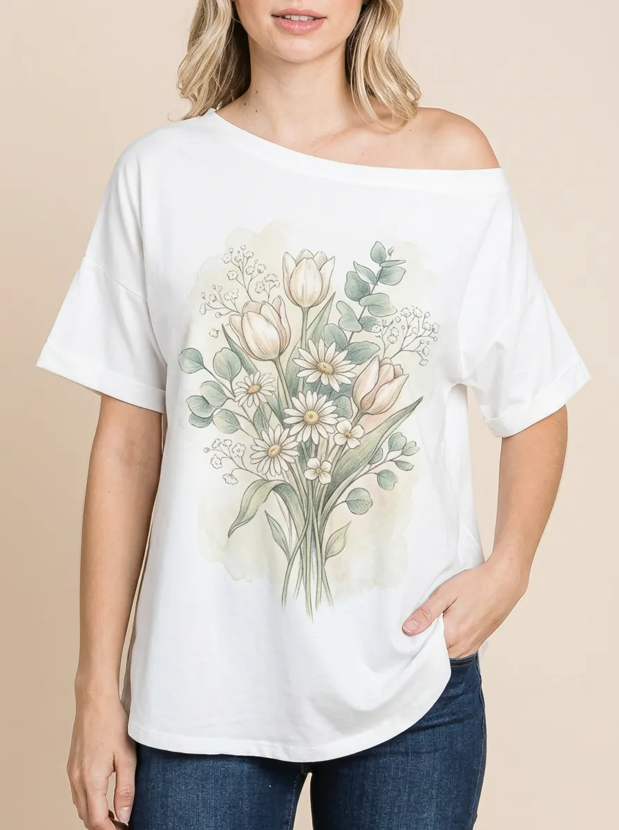Women's Floral Lover Tulip Daisy Bouquet Printed T-shirt