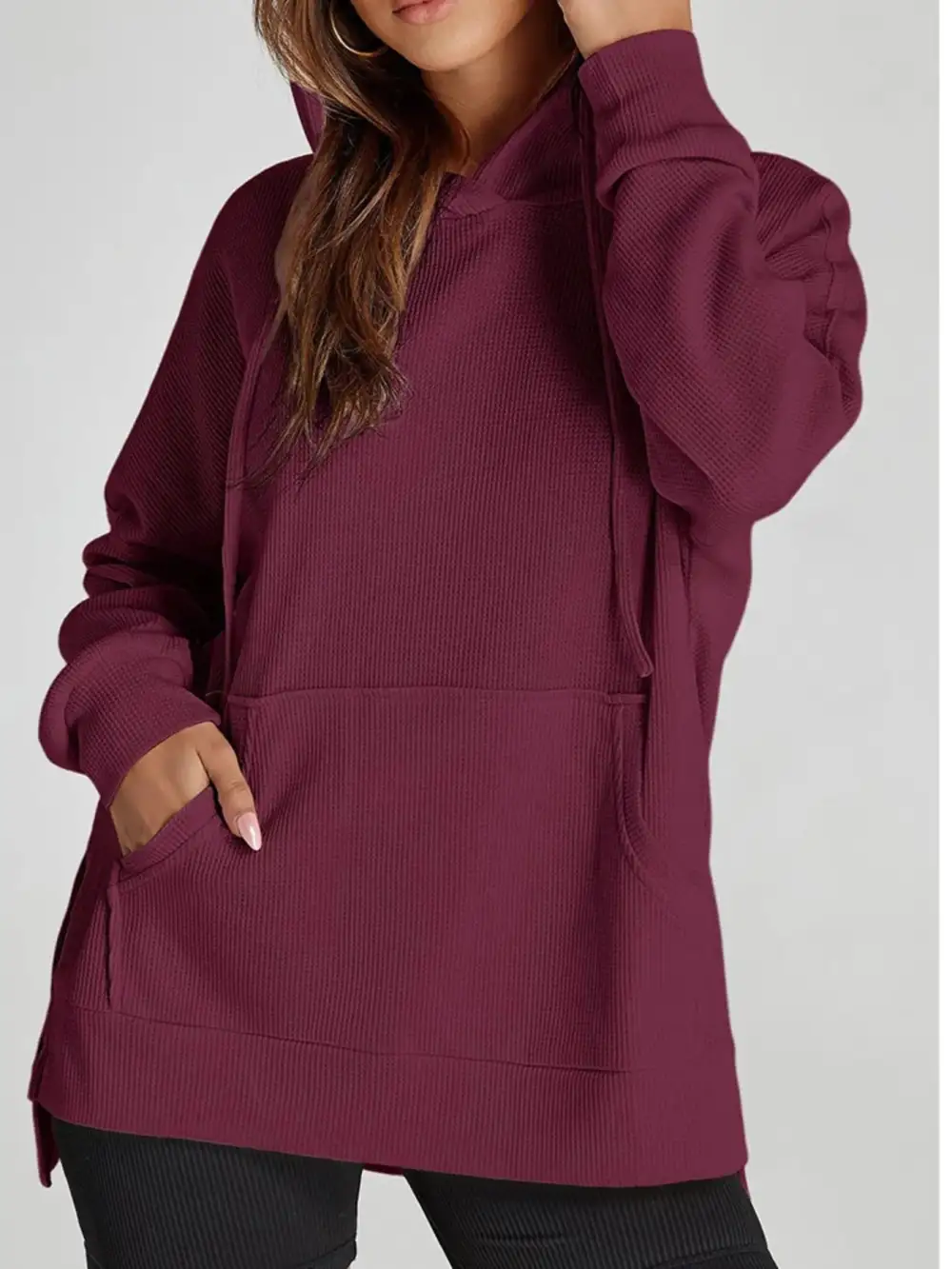 Tailored Drawstring Pocketed Waffle-Textured Knit Hoodie