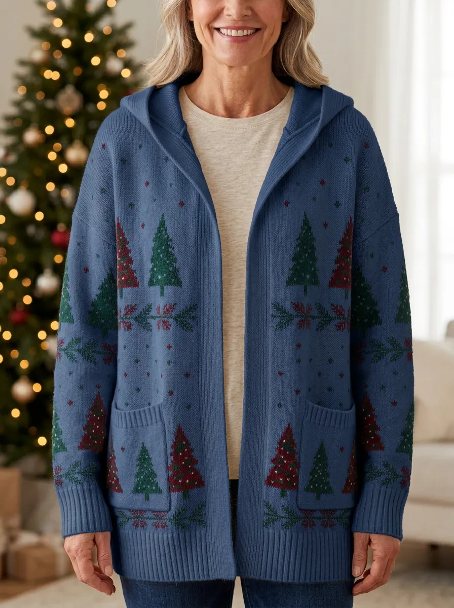 Christmas Holiday Pine Tree Pattern Print Hooded Cardigan