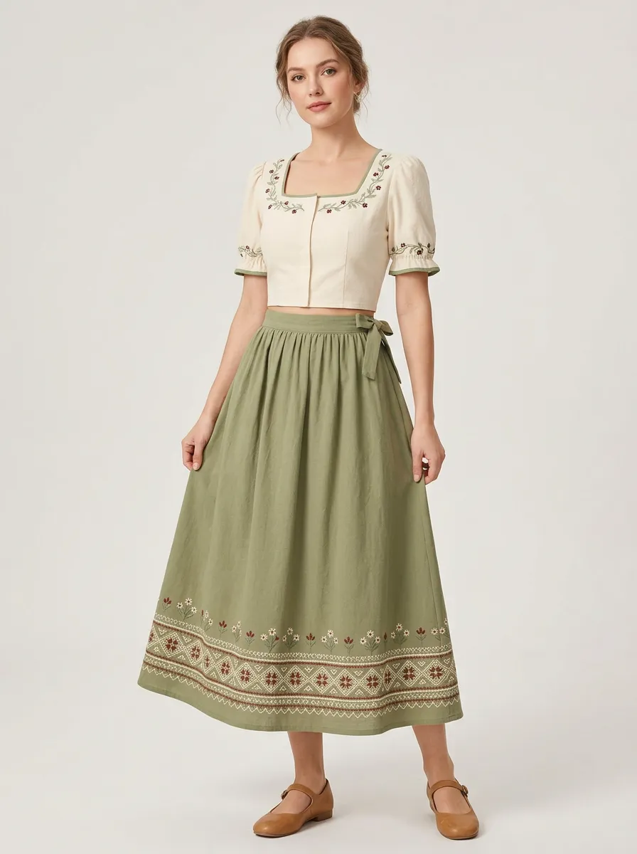 Women's Bavarian-Inspired Embroidered Piped Midi Skirt Set