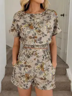 Pocketed Floral-Print Top and Shorts Matching Set