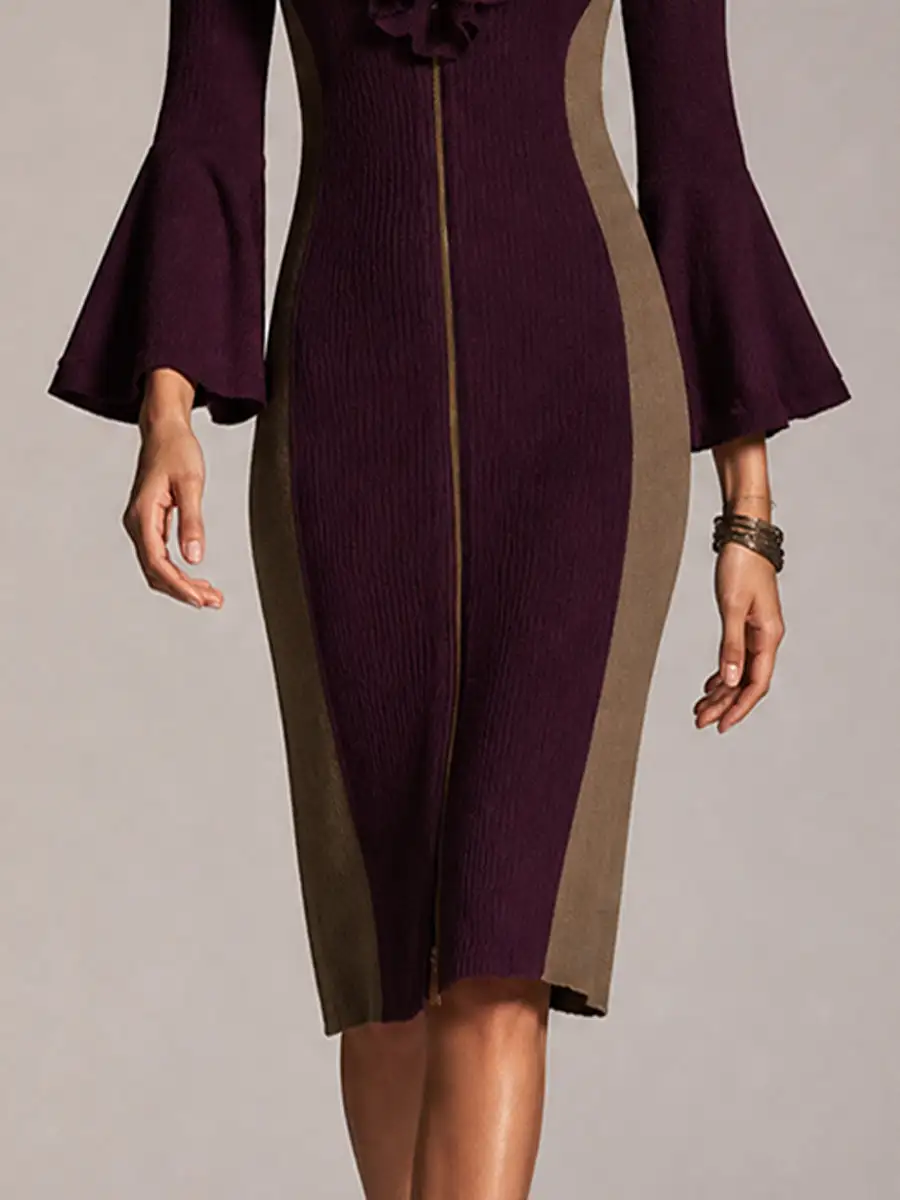 Burgundy Colorblock Ruffle Zip Knit Dress