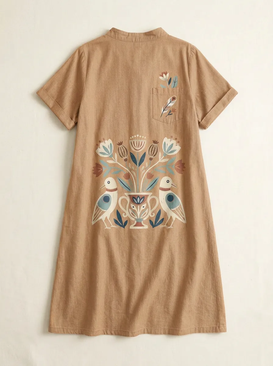 Folk Art Bird And Floral Denim Tunic Top
