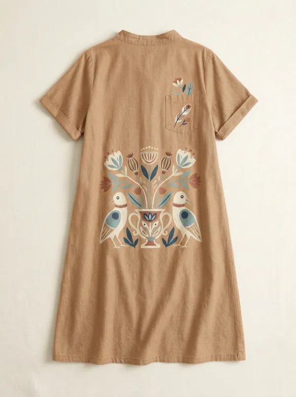 Folk Art Bird And Floral Denim Tunic Top