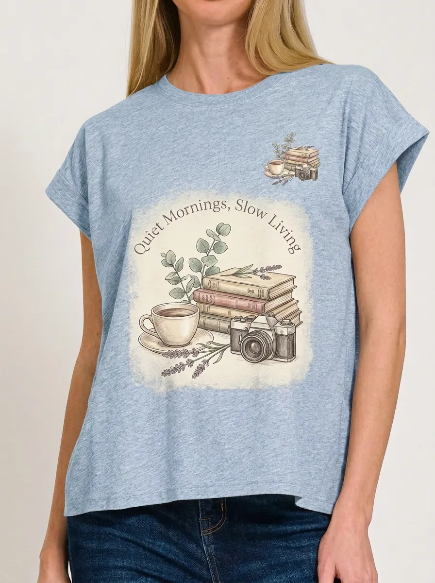 Women's Book Coffee Camera Lover Quiet Mornings Printed T-shirt