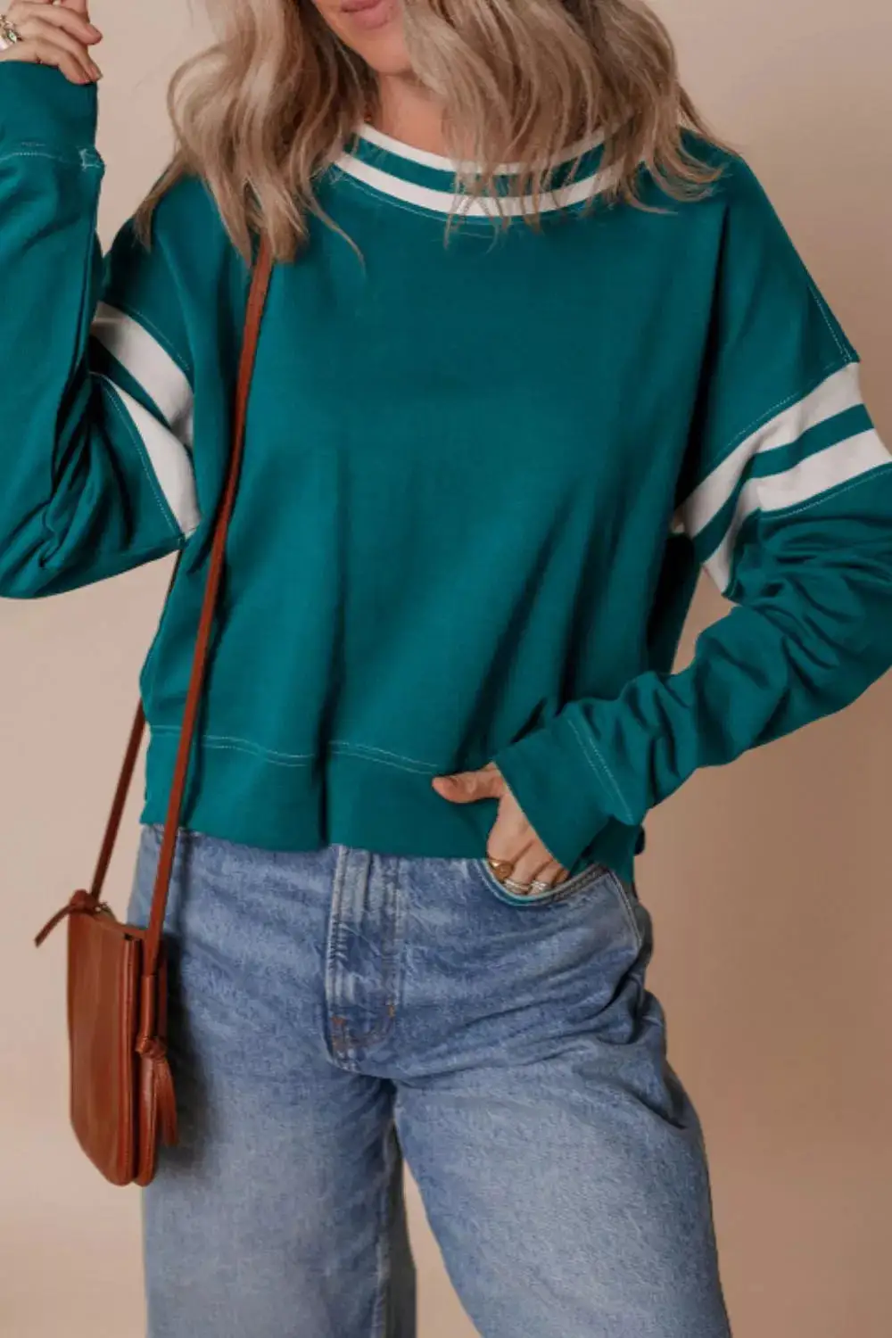 Drop Shoulder Round Neck Patchwork Sweatshirt