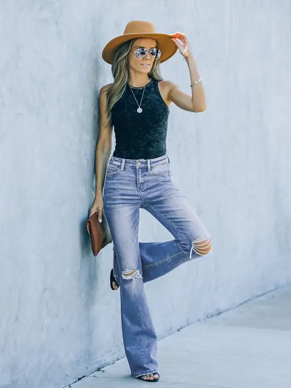 Bootcut Jeans High Waist Slimming Ripped Denim